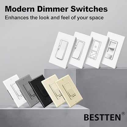 BESTTEN 5 Pack Dimmer Light Switch, Single Pole or 3-Way, Compatible with Dimmable LED, CFL, Incandescent and Halogen Bulb, LED Slide Dimmer Switch, Neutral Wire Not Required, 120VAC, UL Listed, White