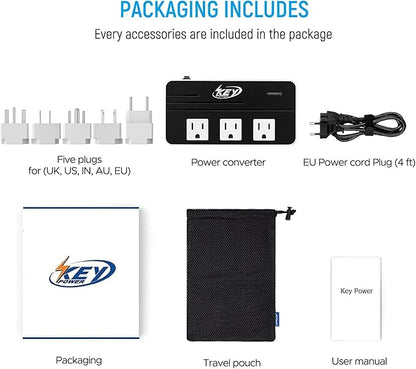 Key Power 230-Watt Step Down 220V to 110V Voltage Converter & International Travel Adapter/Power Converter with USB-C Port 18W - [Use for USA Appliance Overseas in Europe, AU, UK, Ireland, etc.]