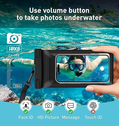 Waterproof Phone Pouch, with Inside Card Bag, Large Waterproof Case for iPhone 16 15 14 13 Pro Max,IPX8 Certified Lightweigt Cellphone Dry Bag, Beach Cruise Ship Essentials, 1 Pack-Black-8.3″