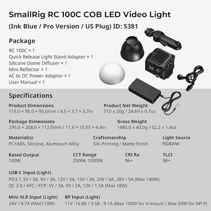 SmallRig RC 100C RGBWW LED Video Light, with App Control, 100W Mini COB Continuous Output Lighting, Handheld Spotlight 2700-10000K/CRI 96+/TLCI 98+/12 Effects, 11000Lux/1m, Pro Version Ink Blue, 5381