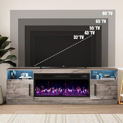 VITESSE TV Stand with 36" inch Electric Fireplace Up to 80" TVs, LED Light Entertainment Center, 70" Modern Wood High Gloss Fireplace with Highlight Storage Cabinet for Living Room (Grey)