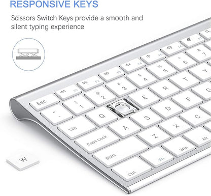 Wireless Keyboard and Mouse, Vssoplor 2.4GHz Rechargeable Compact Quiet Full-Size Keyboard and Mouse Combo with Nano USB Receiver for Windows, Laptop, PC, Notebook-White Silver