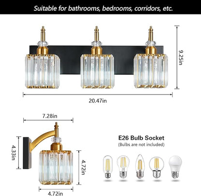 BBLLWJ Modern Bathroom Vanity Light 3-Light Black and Gold Crystal Light Fixtures Over Mirror for Bathroom Wall Sconce