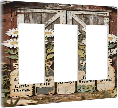 Bvtewkhz Rustic Daisy Barn Door Flowers 3 Gang Triple Rocker Decorative Light Switch Covers Electrical Faceplate Switch Plates for Bathroom Kitchen Home