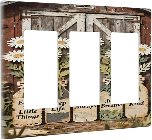 Bvtewkhz Rustic Daisy Barn Door Flowers 3 Gang Triple Rocker Decorative Light Switch Covers Electrical Faceplate Switch Plates for Bathroom Kitchen Home