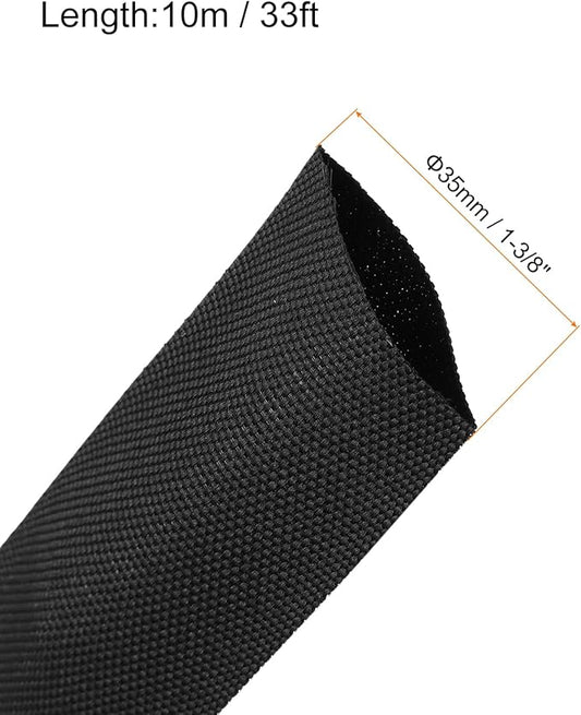 MECCANIXITY Braided Cable Sleeves Heat Shrinkable Fabric Sleeving, 1 3/8" 33ft Black 2:1 Ratio Heat Shrinkable Cord Protector for Harness Cable, Network Cable Protection, Cable Management