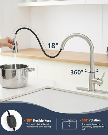 AIMADI Kitchen Faucet with Pull Down Sprayer – High Arc 360° Swivel Brushed Nickel Stainless Steel Kitchen Sink Faucet, 3-Mode Spray Head, Suitable for Farmhouse Modern Laundry Rv Bar