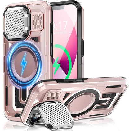 Camera Stand Case for iPhone 13/14, [Compatible with Mag Safe] [Lens Cover] 2024 Version Military Grade Protective Soft Case for iPhone 13/14 6.1 inch Men Women, Pink