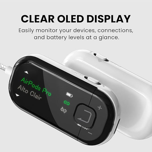 Avantree Voyager – OLED Display & Latest Auracast Bluetooth 5.4 Adapter for Airplane, Qualcomm Chip & aptX Adaptive, Wireless Audio Transmitter for Headphones, AirPods, Travel & Flight