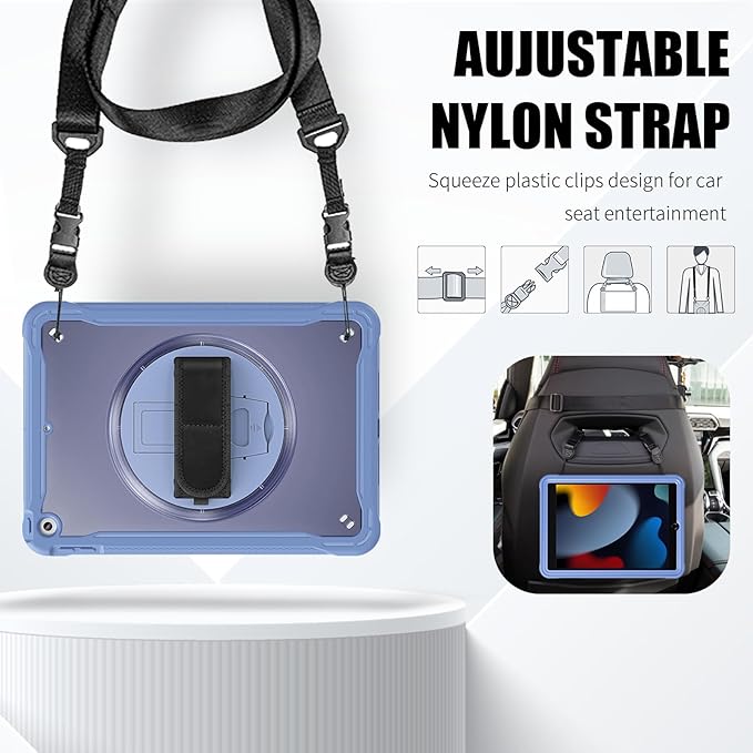 ZenRich Clear Case for iPad 9th/8th/7th Generation 10.2 inch 2021/2020/2019, Shockproof Slim Hard Case with Pencil Holder/360°Rotating Kickstand/Handle/Carrying Strap, LavenderGrey