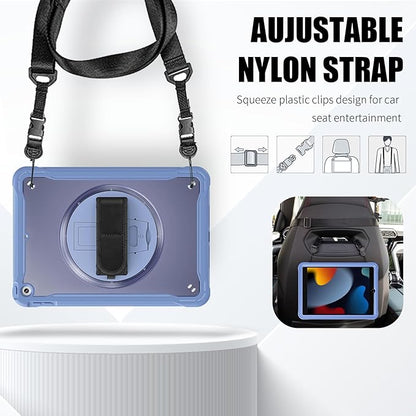 ZenRich Clear Case for iPad 9th/8th/7th Generation 10.2 inch 2021/2020/2019, Shockproof Slim Hard Case with Pencil Holder/360°Rotating Kickstand/Handle/Carrying Strap, LavenderGrey