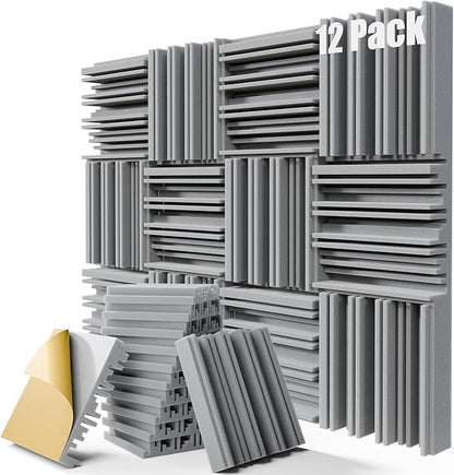 ZELMINE Upgrade 12 pack Self-adhesive Sound Proof Foam Panels,12" X 12" X 2" Acoustic Panels with High Density,Decorative Soundproof Wall Panels Studio Sound Absorbing Foam for Wall and Ceiling(Gray)