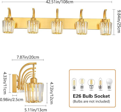FDPBY Modern Bathroom Vanity Light, 5-Light Gold Wall Sconce with Crystal Accents, Over Mirror Bathroom Lighting Fixture, 42.52" Long Dimmable Vanity Lamp for Makeup, Easy Installation