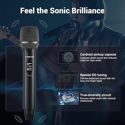 Phenyx Pro Dual-Channel Wireless Microphone System, Dynamic Mics w/ID Lock, Tunable Power Level, Auto Scan, Spectrum Analyzer, True Diversity Cordless Handheld for Singing, DJ, Karaoke (PTAU-2)