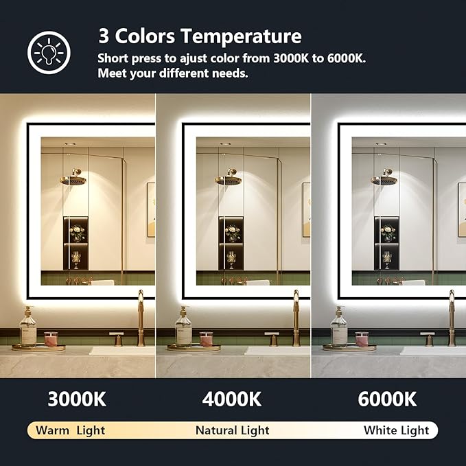 YEELAIT 28x36 Inch LED Bathroom Mirror with Lights (Front Lit and Backlit) Black Framed Lighted Vanity Mirror for Bathroom Wall Dimmable Anti-Fog Memory Tempered Glass Horizontal/Vertical