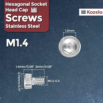 Kozelo 60pcs Socket Head Cap Screws - [M1.4-0.3 x 2mm] 304 Stainless Steel Allen Socket Drive for Electrical Motor 3D Printing Fan Engine Replacement Use, Silver