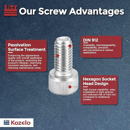 Kozelo 15pcs Socket Head Cap Screws - [M10-1.5 x 18mm] 304 Stainless Steel Allen Socket Drive for Electrical Motor 3D Printing Fan Engine Replacement Use, Silver