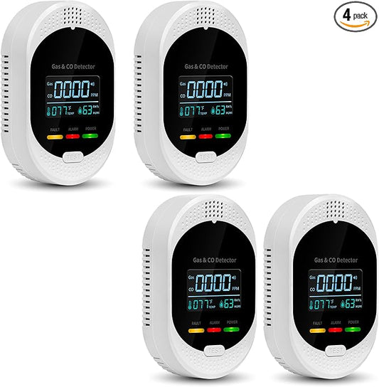 4PCS 4-in-1 Carbon Monoxide & Natural Gas Detectors with Temperature/Humidity LCD Display, Plug in Co Leak Detector Propane Monitor for Home Travel RV Essentials, Sound Alarm Over 85dB