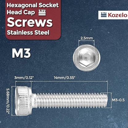 Kozelo 100pcs Socket Head Cap Screws - [M3-0.35 x 14mm] 304 Stainless Steel Allen Socket Drive for Electrical Motor 3D Printing Fan Engine Replacement Use, Silver