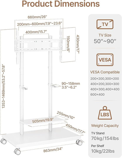 ECOTINY Steel Base Rolling TV Stand with Soundbar Mount for 50-90 inch TVs up to 154lbs, Swivel&Tilt Mobile TV Stand with Large Storage, Height Adjustable Heavy-Duty TV Cart, Max VESA 600x400mm, White
