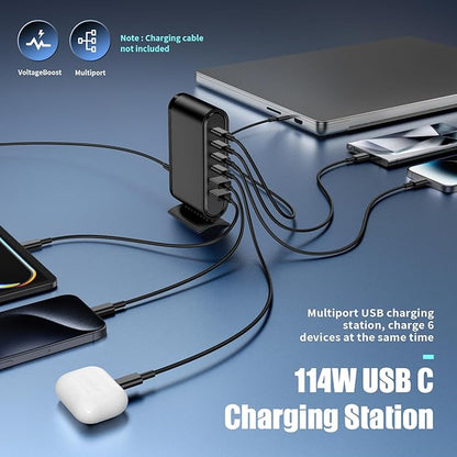 USB C Charger Block Fast Charging Station,6-in-1 Desktop Charger Adapter,USB Laptop Brick Hub for Apple Watch iPhone 17/16 15/14/13/Pro Max,iPad Air,MacBook,Samsung Galaxy S24+/S23 Ultra,Android