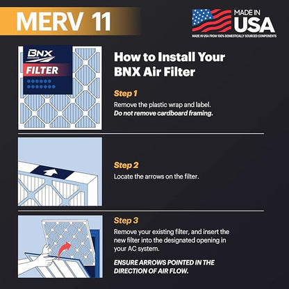 BNX TruFilter 20x25x1 Air Filter MERV 11 (12-Pack) - MADE IN USA - Allergen Defense Electrostatic Pleated Air Conditioner HVAC AC Furnace Filters for Allergies, Dust, Pet, Smoke, Allergy MPR 1200 FPR