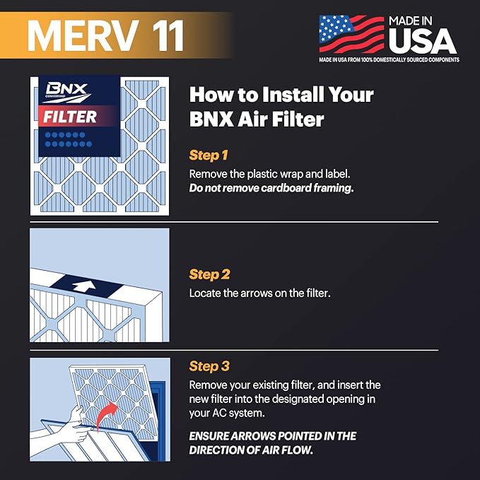 BNX TruFilter 20x22x1 Air Filter MERV 11 (12-Pack)- MADE IN USA - Allergen Defense Electrostatic Pleated Air Conditioner HVAC AC Furnace Filters for Allergies, Dust, Pet, Smoke, Allergy MPR 1200 FPR 7
