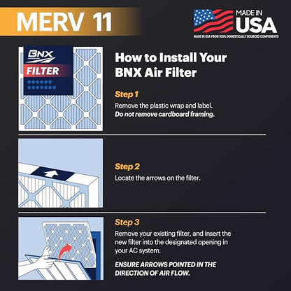 BNX 20x25x1 MERV 11 Air Filter 4 Pack - MADE IN USA - Electrostatic Pleated Air Conditioner HVAC AC Furnace Filters - Removes Dust, Mold, Pollen, Lint, Pet Dander, Smoke, Smog