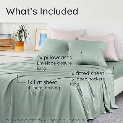 Bambaw King Sheets Set 4pcs – 100% Viscose Derived from Bamboo Sheets King Size Deep Pocket, Fits Up to 16'', Luxury Bedding, Super Soft & Cooling Sheet Set (Sea Glass)