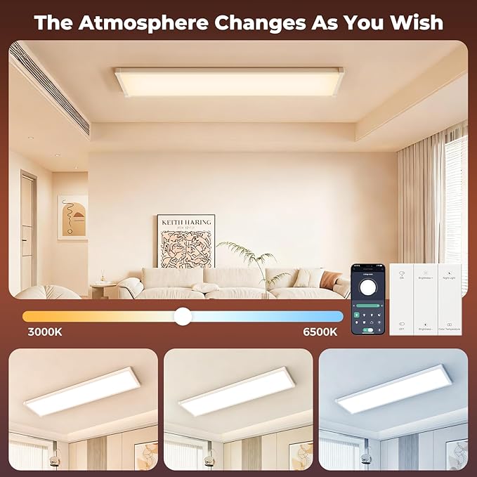 AIKVSXER 36 Pack 1x4 FT LED Flat Panel Light Surface Mount, with Wireless Switch & App Control, Night Mode, 50W 5500LM, 3000K/4000K/6500K, Ultra-Thin LED Light for Office Home,120-277V - White