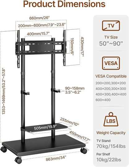 ECOTINY Steel Base Rolling TV Stand with Soundbar Mount for 50-90 inch TVs up to 154lbs, Swivel&Tilt Mobile TV Stand with Large Storage, Height Adjustable Heavy-Duty TV Cart, Max VESA 600x400mm, Black