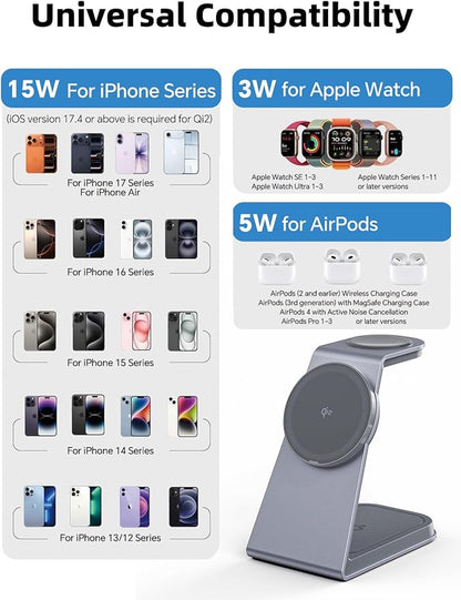 2025 3 in 1 Magnetic Wireless Charger Stand for Apple Devices, TRIBONE Qi2 Certified 15W Fast Charging Station for iPhone 17/16/15/14/13/12 Series, Apple Watch, Airpods