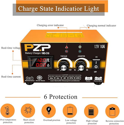 PZP 12V Manual Battery Charger Maintainer, 0 to 10A Arbitrarily Adjustable Car Battery Trickle Charger, Battery Desulfator with Repair, Winter Mode, Suitable for Lawn Mower, AGM, Deep Cycle Batteries