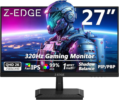 Z-Edge 27 inch Gaming Monitor 320Hz 300Hz, 2K QHD 1440P Fast IPS Monitor, G27IS 1ms MPRT Refresh Rate, sRGB 99%, Shadow Balance, PIP/PBP, HDMI 2.1x2, DP 1.4x2