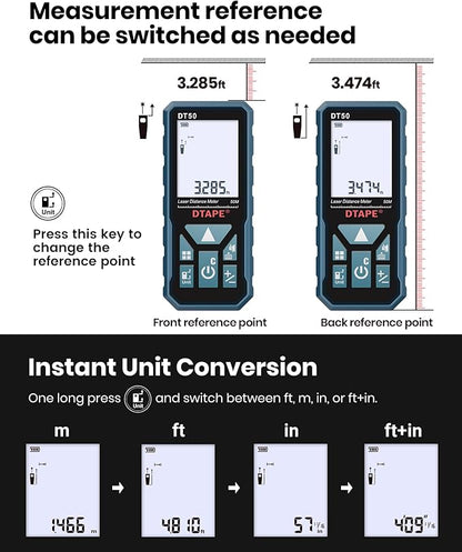 Laser Measure, DTAPE 165 Ft Digital Laser Distance Meter, Upgraded High-Accuracy Laser Measuring Tool, Electronic Tape Measure, 2" Backlit LCD Display, Area/Volume/Indirect Measurement, in/Ft/Ft+in/M