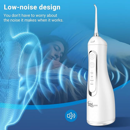 JNGOODS Cordless Water Dental Flosser Oral irrigator,JNGOODS 300ml Rechargeable Water flosser for Teeth IPX7 Waterproof 4 Modes Portable Oral Irrigator with 4 Jet Tips, Travel Home use (White)