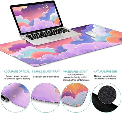 LIMKRIAN Purple Mouse Pad Large Desk Mat Set, Kawaii Clouds Ergonomic Mouse Pad with Wrist Rest Keyboard Wrist Support XXL Mousepad Cup Coaster Set, Cute Purple Office Desk Accessories Decor Supplies