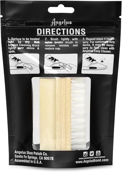 Angelus Suede & Nubuck Cleaner Kit - 1 Cleaning Eraser Block and 1 Nylon Bristle Brush - Eliminates Stains, Removes Spots, Restores Nap - for Leather Suede Shoe, Handbags, Jackets, Boots, Furniture
