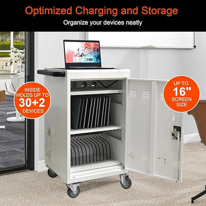 Aokleo 32 Devices Laptop Charging Cart, Tablet Storage Carts for Pad Up to 16.3" Screen Size, Classroom Computer Mobile Charging Station for Pads,Chromebooks,Laptops,Security Storage (White)