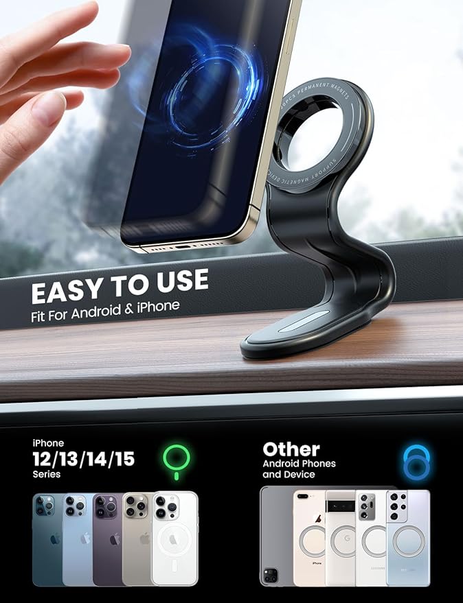 eSamcore for MagSafe Car Mount Detachable, Bendable Aluminum Arm Magnetic Phone Holder for Car【20 Strong Magnets】 Cell Phone Mount for Car Dash Fit iPhone 16 15 14 13 Pro Max Mini Mag Safe Accessories