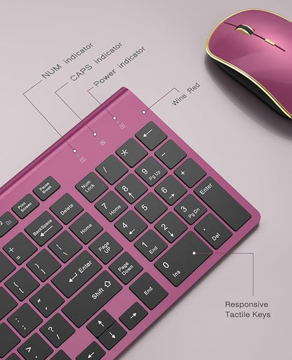 Wireless Keyboard Mouse Combo,J JOYACCESS 2.4G Compact and Ultra Slim Wireless Keyboard and Mouse for Windows, Computer, Desktop, PC, MacBook Air, Laptop-Wine Red