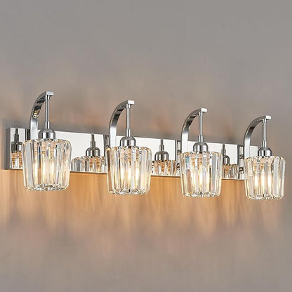 FDPBY Modern Bathroom Vanity Light, 4-Light Chrome Wall Sconce with Crystal Accents, Over Mirror Bathroom Lighting Fixture, 32.67" Long Dimmable Vanity Lamp for Makeup, Easy Installation