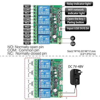 DieseRC 4 Channels WiFi Smart Switch with Bluetooth Transmitter, DC 5V 12V 24V 36V Passive Output Relay Module Ewelink APP WiFi Control Compatible with Alexa/Google Home, Inching/Self-Locking Switch
