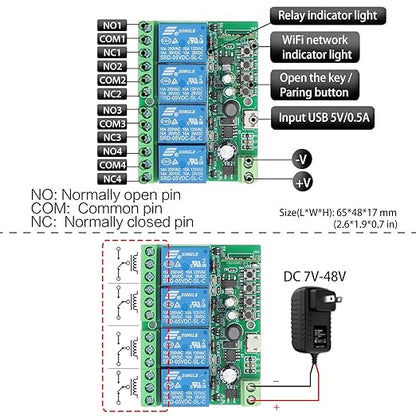 DieseRC 4 Channels WiFi Smart Switch, DC 5V 12V 24V 36V Passive Output Relay Module Ewelink APP WiFi Control Compatible with Alexa/Google Home, Inching/Self-Locking Switch