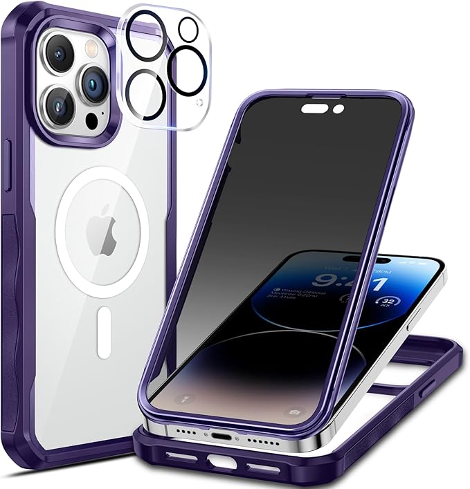 seacosmo for iPhone 14 Pro Case, Full Body Bumper with Built-in 9H Tempered Glass Privacy Screen Protector and Camera Lens Protector, Compatible with MagSafe, Shockproof Phone Case, 6.1", Purple