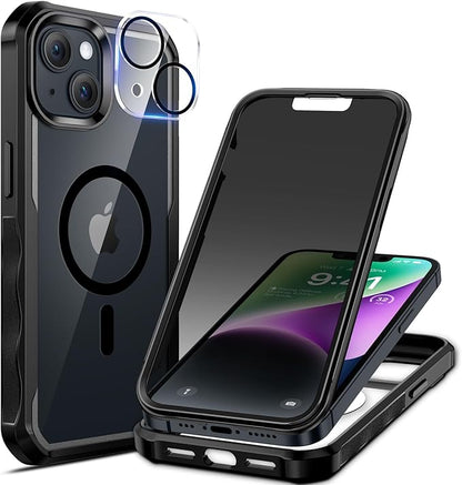 seacosmo for iPhone 14 Plus Case, Full Body Bumper with Built-in 9H Tempered Glass Privacy Screen Protector and Camera Lens Protector, Compatible with MagSafe, Shockproof Phone Cover, 6.7", Black