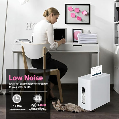 Low Noise 40dB Paper Shredder for Home, 10-Sheet Cross Cut, CD/Credit Card Shredder, 2.6 Gallons Wastebasket, P-4 High Security, White