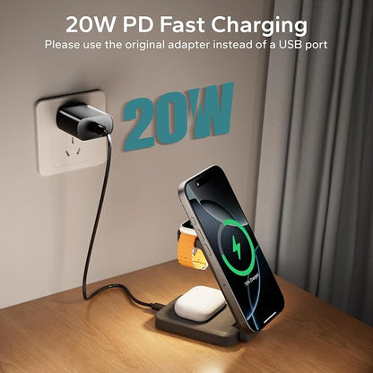 Eazpower 3 in 1 Foldable Wireless Charging Station for MagSafe, Nightstand Magnetic Charger Stand for iPhone 17 16 15 14 Pro Max, Travel Charging Dock with Night Light for Apple Watch/AirPods (Gray)