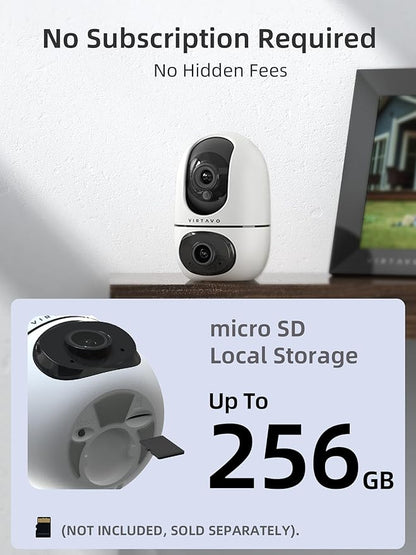 virtavo Indoor Security Camera, Dual-Lens 360° PTZ WiFi Baby Pet Monitor for Home, Motion Tracking, 2-Way Audio, Night Vision, No Subscription, WiFi6 2.4GHz/5GHz, SD & Cloud Storage, Works with Alexa