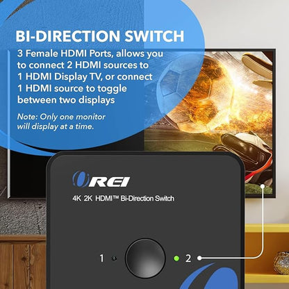 OREI HDMI Switch 4K HDMI Splitter - 2x1 Bi Directional - 4:4:4 8-bit - HDMI 2.0, HDCP 2.2, 18 Gbps, 4K @ 60Hz HDMI UltaHD High Resolution Switch Between 2 Inputs or Toggle Displays (UHDS-212)